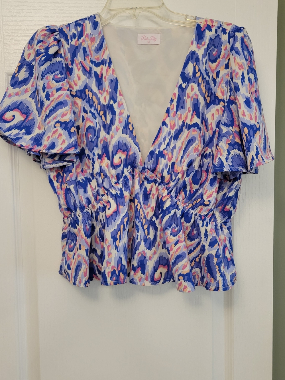 Pink Lily Blue and Pink Printed V-Neck Peplum Crop Top